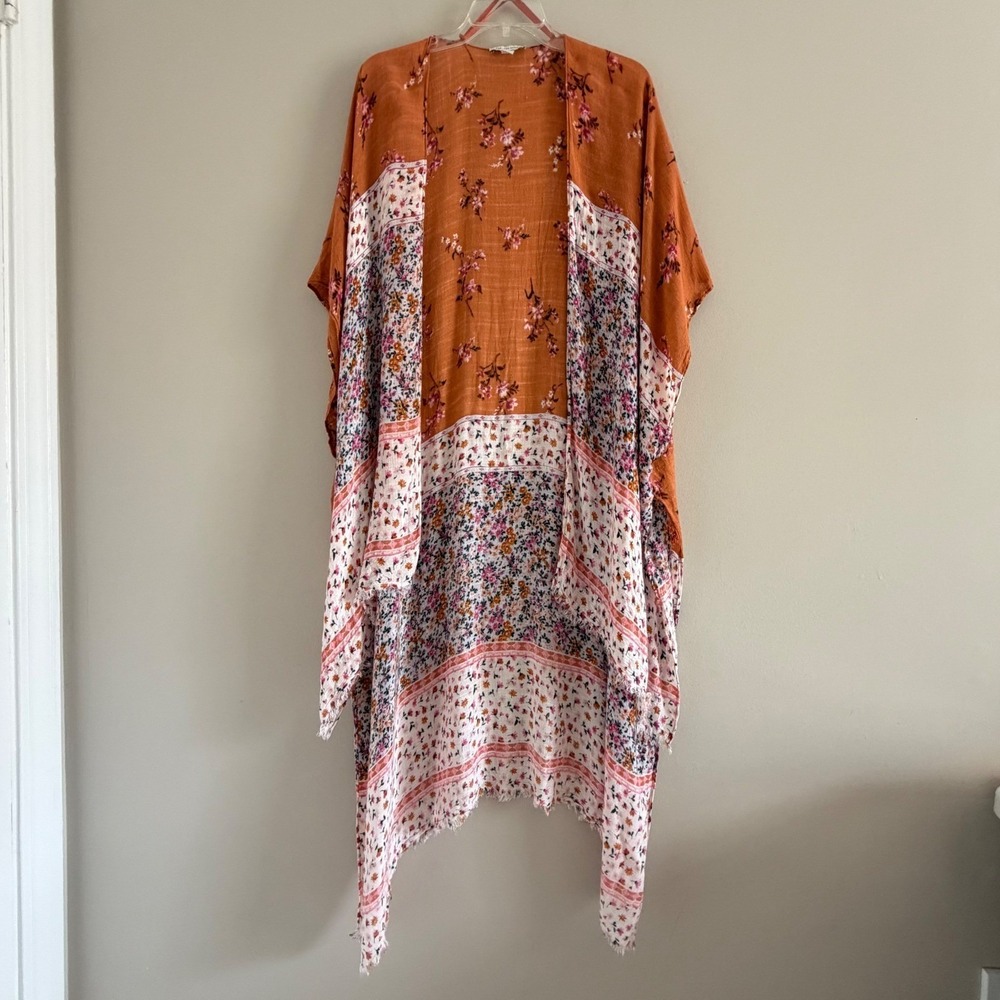 American Eagle Floral Kimono Wrap Orange Pink Mixed Print One Size Boho